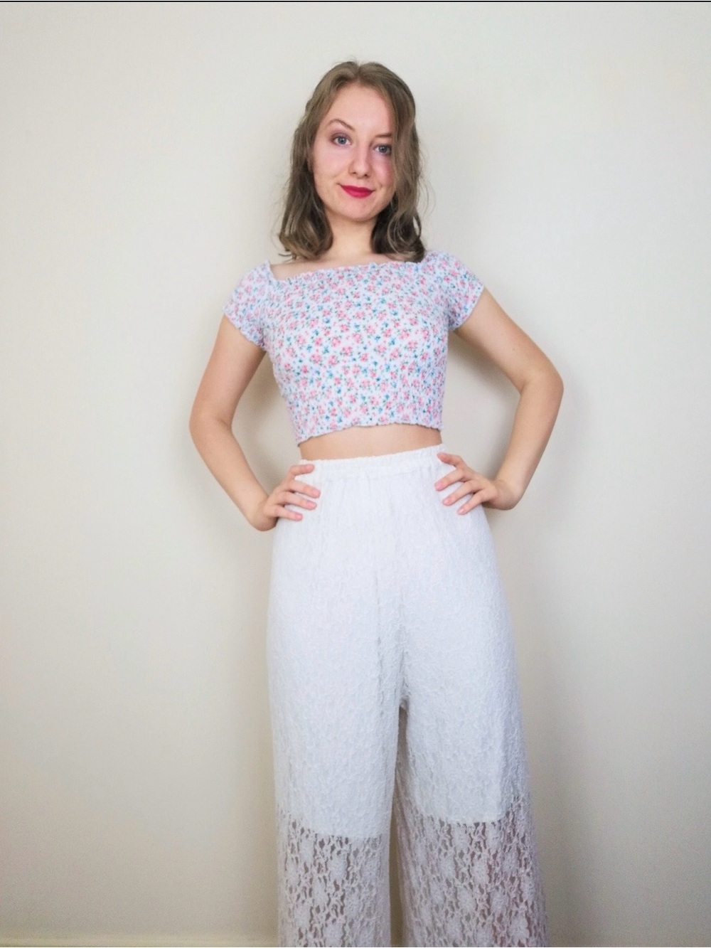 White Lace Wide-Leg Pants